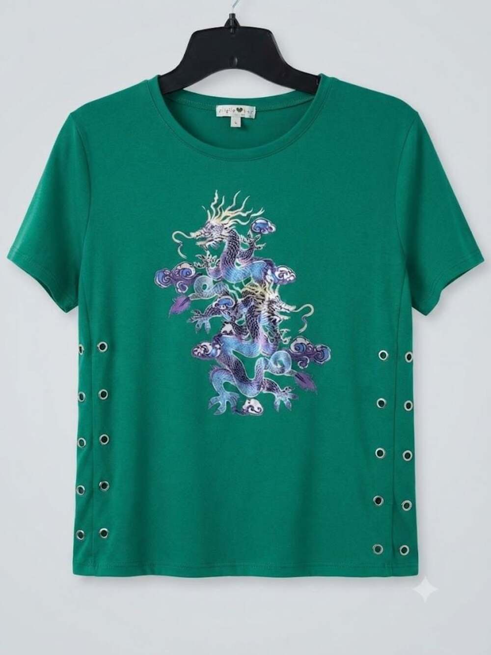 Stella Viva Green Graphic Dragon Print T-Shirt with Side Grommet Lace-up Detail